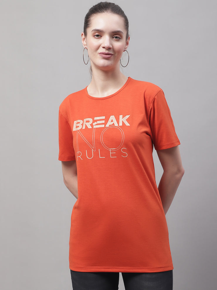 Vimal Jonney Round Neck Cotton Printed Rust T-Shirt for Women
