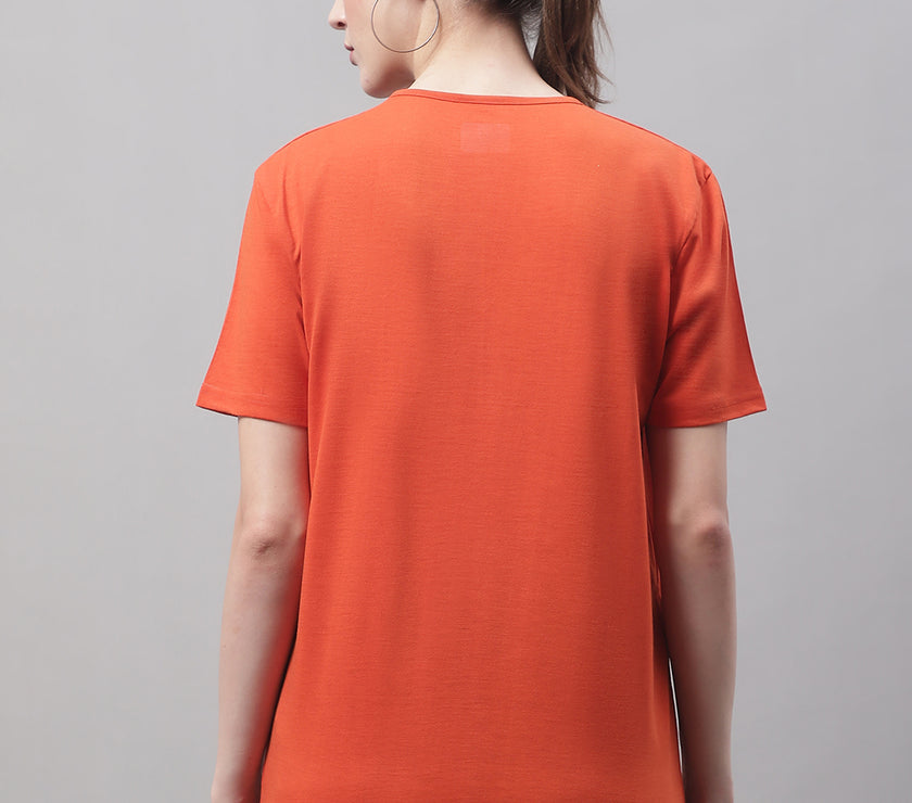 Vimal Jonney Round Neck Cotton Printed Rust T-Shirt for Women