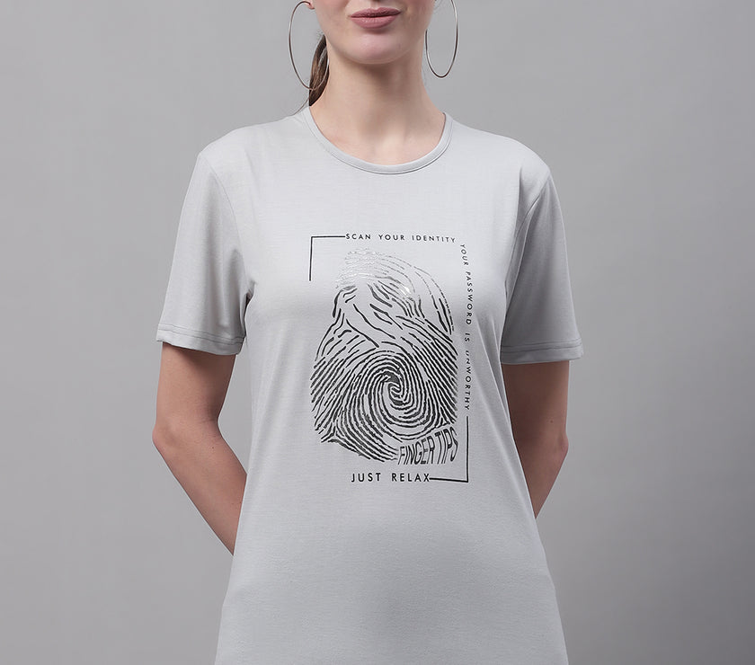 Vimal Jonney Round Neck Cotton Printed Light Grey T-Shirt for Women