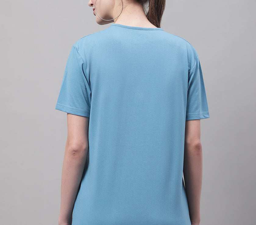 Vimal Jonney Round Neck Cotton Printed Blue T-Shirt for Women