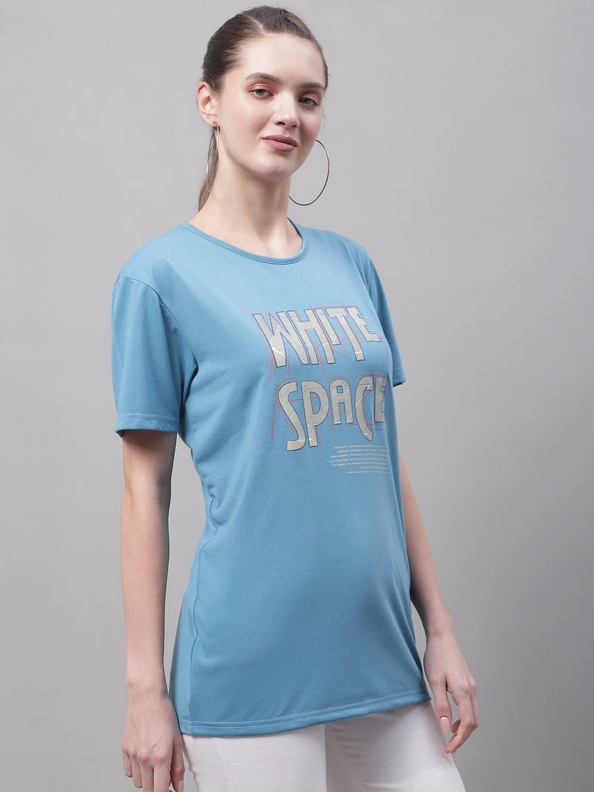 Vimal Jonney Round Neck Cotton Printed Blue T-Shirt for Women