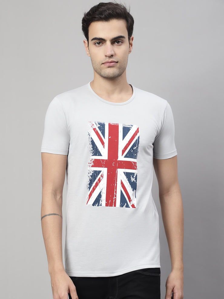 Vimal Jonney Round Neck Cotton Printed Grey Melange T-Shirt for Men