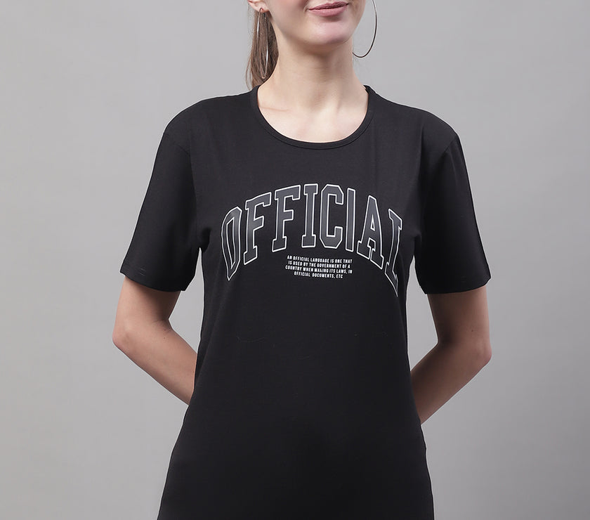 Vimal Jonney Round Neck Cotton Printed Black T-Shirt for Women