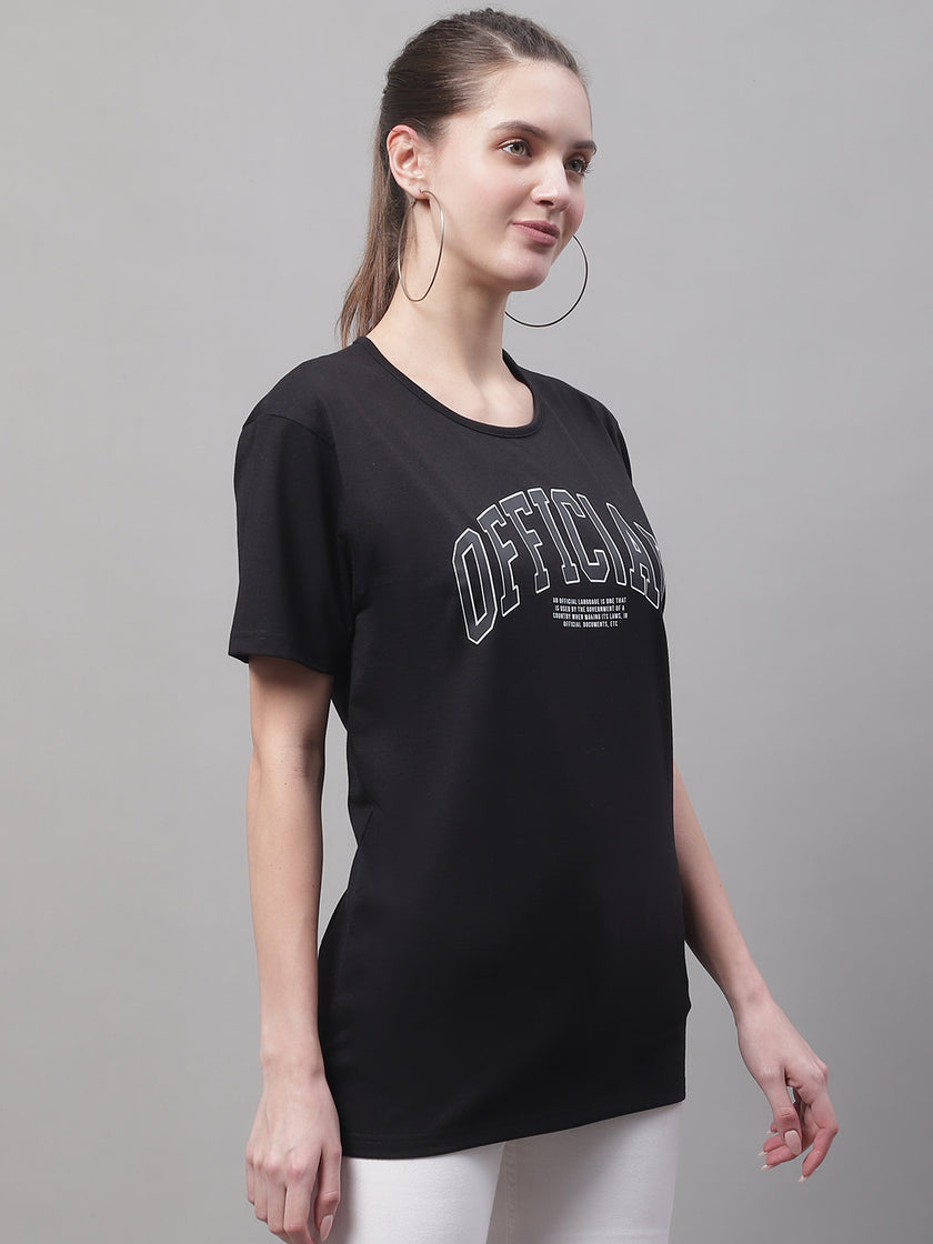 Vimal Jonney Round Neck Cotton Printed Black T-Shirt for Women