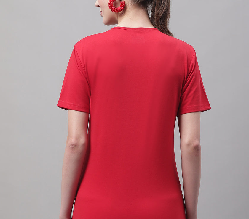 Vimal Jonney Round Neck Cotton Printed Red T-Shirt for Women