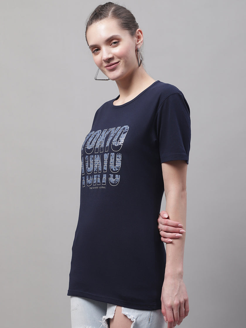 Vimal Jonney Round Neck Cotton Printed Navy Blue T-Shirt for Women
