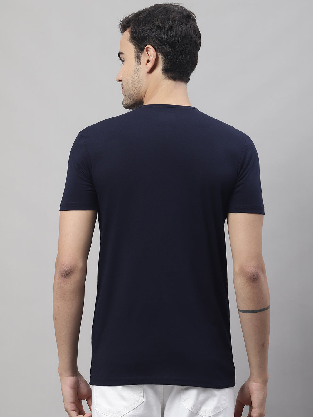 Vimal Jonney Round Neck Cotton Printed Navy Blue T-Shirt for Men
