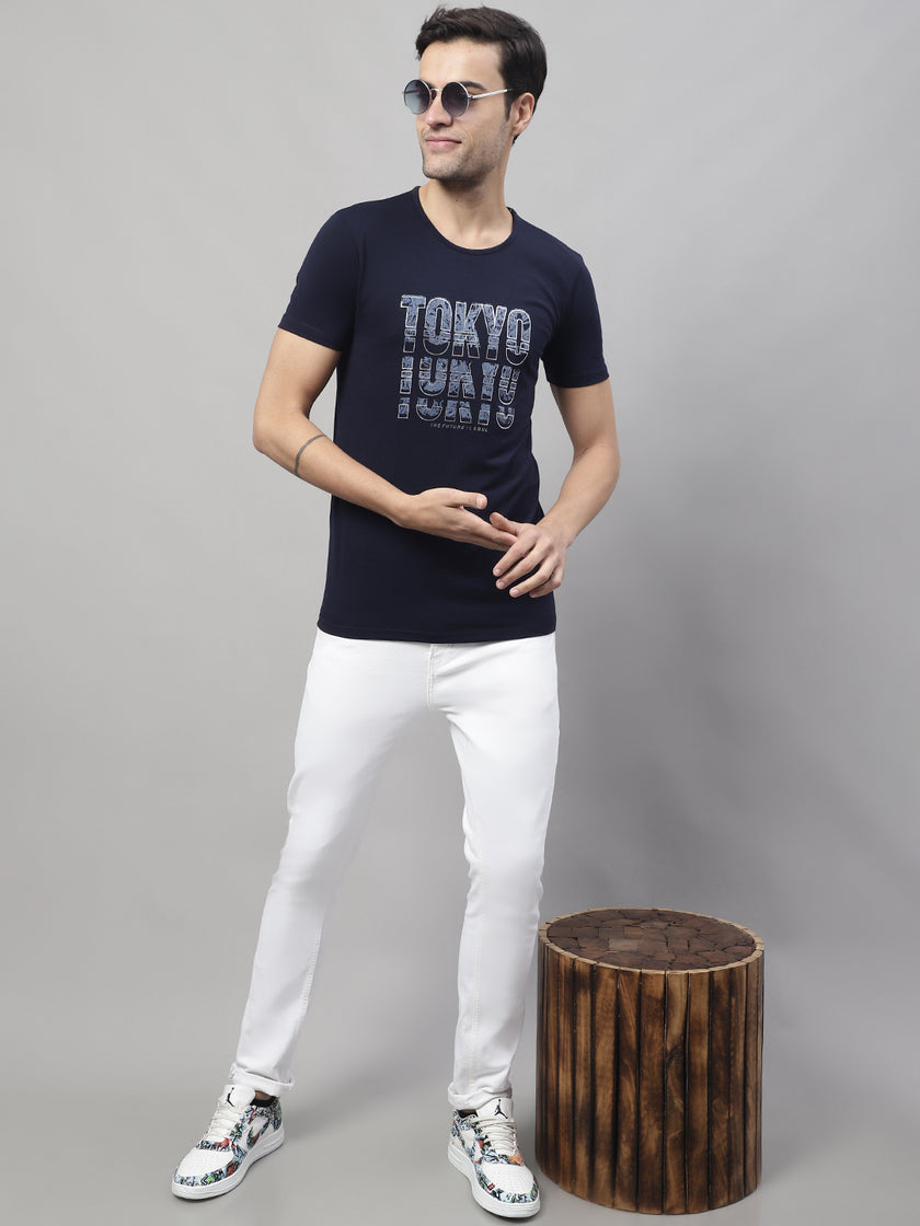 Vimal Jonney Round Neck Cotton Printed Navy Blue T-Shirt for Men