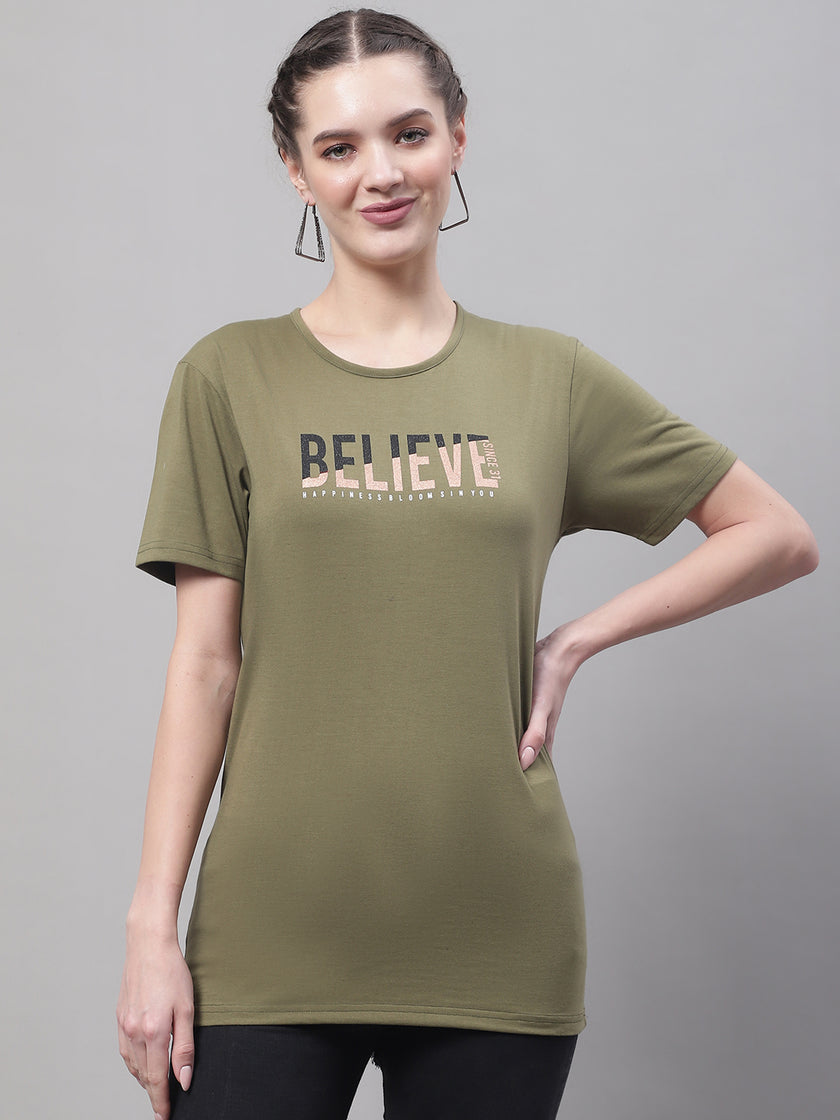 Vimal Jonney Round Neck Cotton Printed Olive T-Shirt for Women