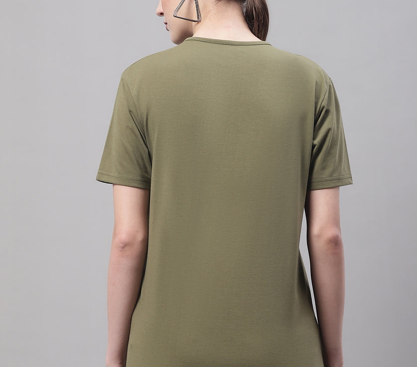 Vimal Jonney Round Neck Cotton Printed Olive T-Shirt for Women