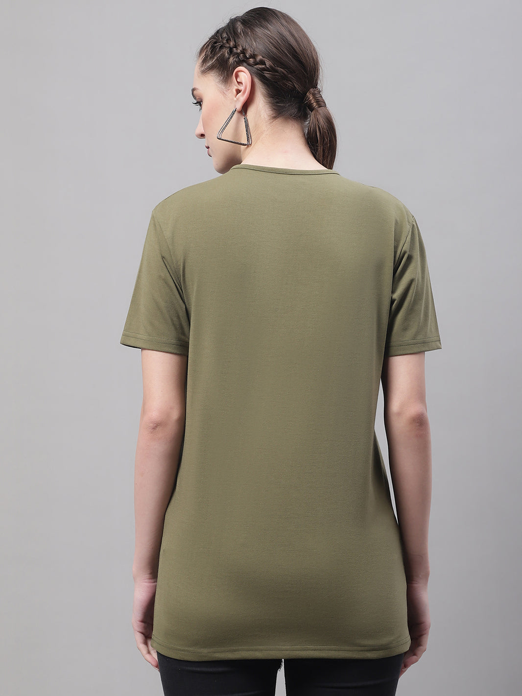 Vimal Jonney Round Neck Cotton Printed Olive T-Shirt for Women