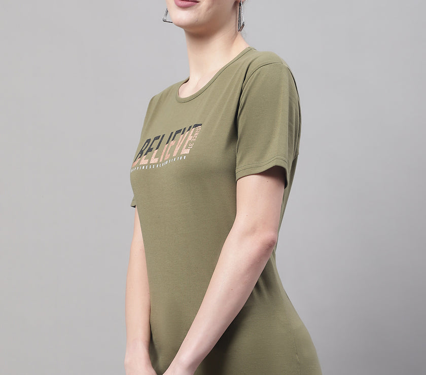 Vimal Jonney Round Neck Cotton Printed Olive T-Shirt for Women
