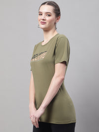 Vimal Jonney Round Neck Cotton Printed Olive T-Shirt for Women