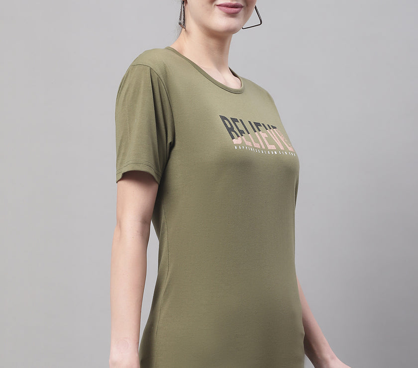 Vimal Jonney Round Neck Cotton Printed Olive T-Shirt for Women