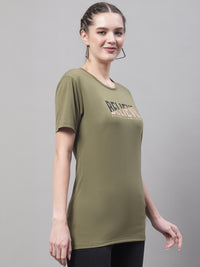 Vimal Jonney Round Neck Cotton Printed Olive T-Shirt for Women