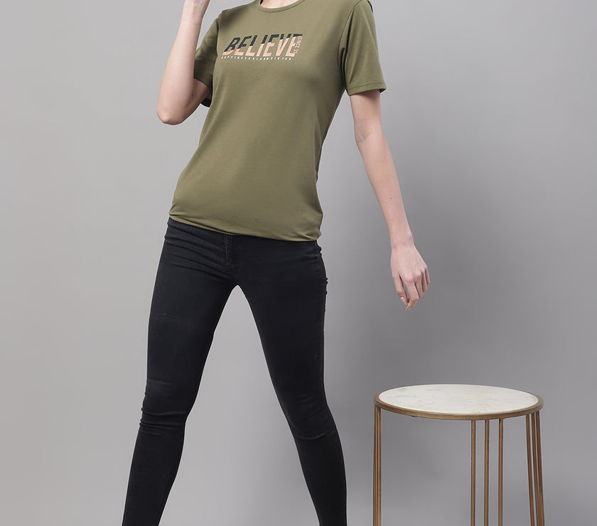 Vimal Jonney Round Neck Cotton Printed Olive T-Shirt for Women