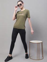 Vimal Jonney Round Neck Cotton Printed Olive T-Shirt for Women