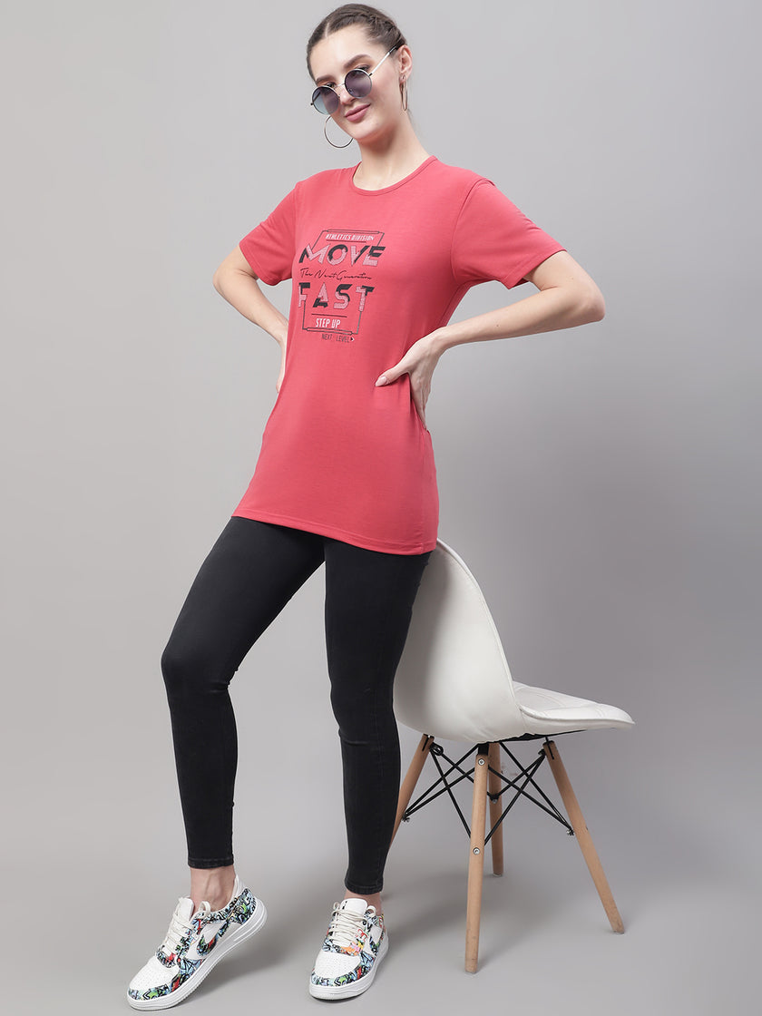 Vimal Jonney Round Neck Cotton Printed Pink T-Shirt for Women