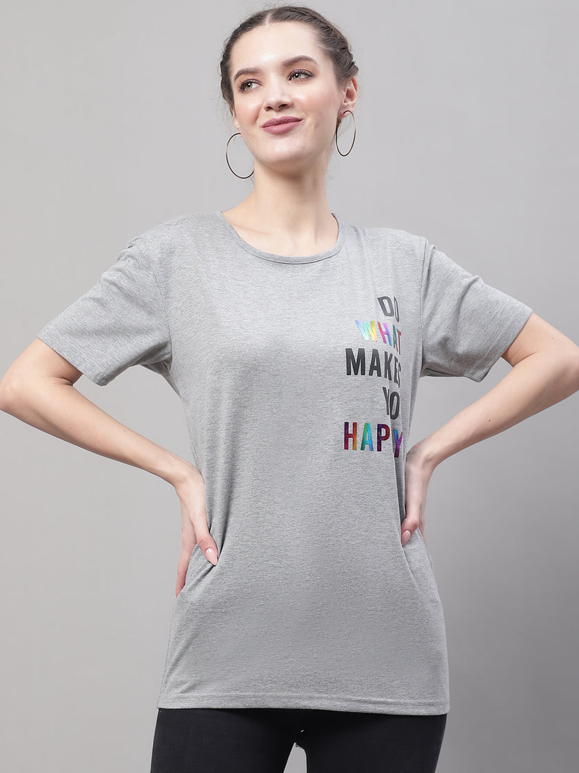 Vimal Jonney Round Neck Cotton Printed Grey Melange T-Shirt for Women