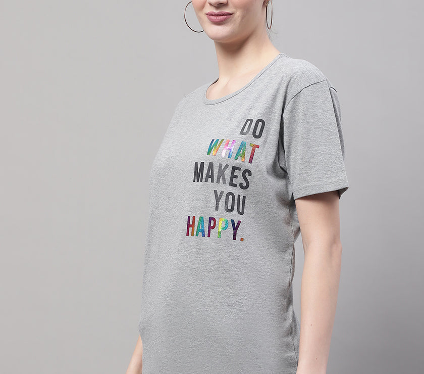 Vimal Jonney Round Neck Cotton Printed Grey Melange T-Shirt for Women