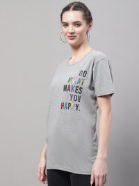 Vimal Jonney Round Neck Cotton Printed Grey Melange T-Shirt for Women