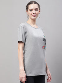 Vimal Jonney Round Neck Cotton Printed Grey Melange T-Shirt for Women