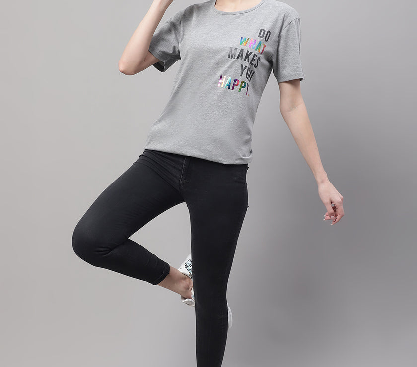 Vimal Jonney Round Neck Cotton Printed Grey Melange T-Shirt for Women