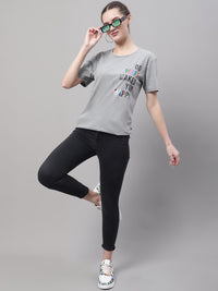 Vimal Jonney Round Neck Cotton Printed Grey Melange T-Shirt for Women