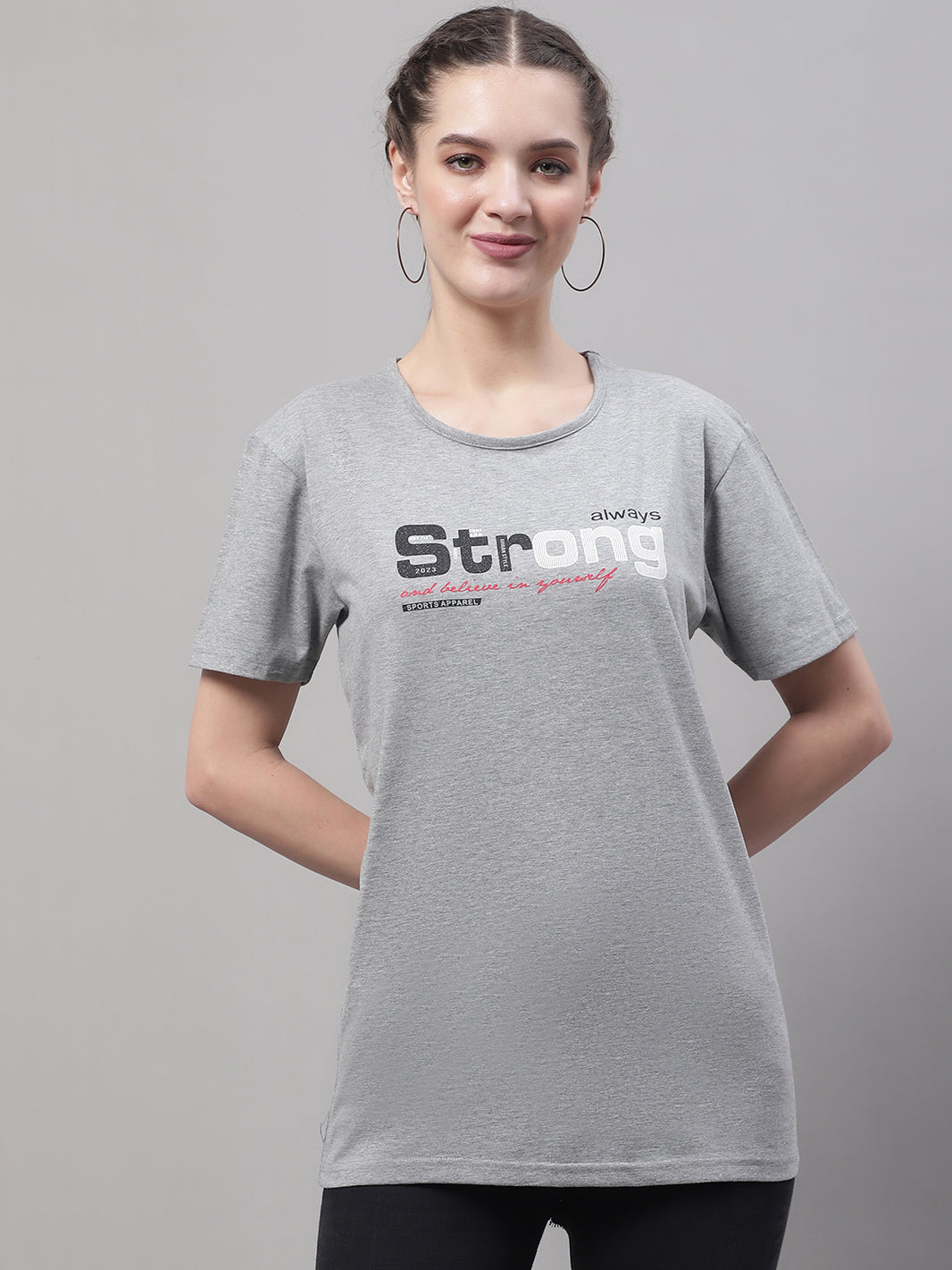 Vimal Jonney Round Neck Cotton Printed Grey Melange T-Shirt for Women