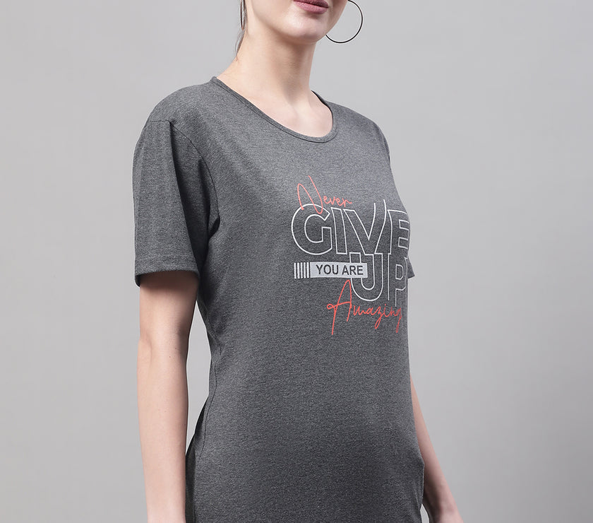 Vimal Jonney Round Neck Cotton Printed Grey T-Shirt for Women
