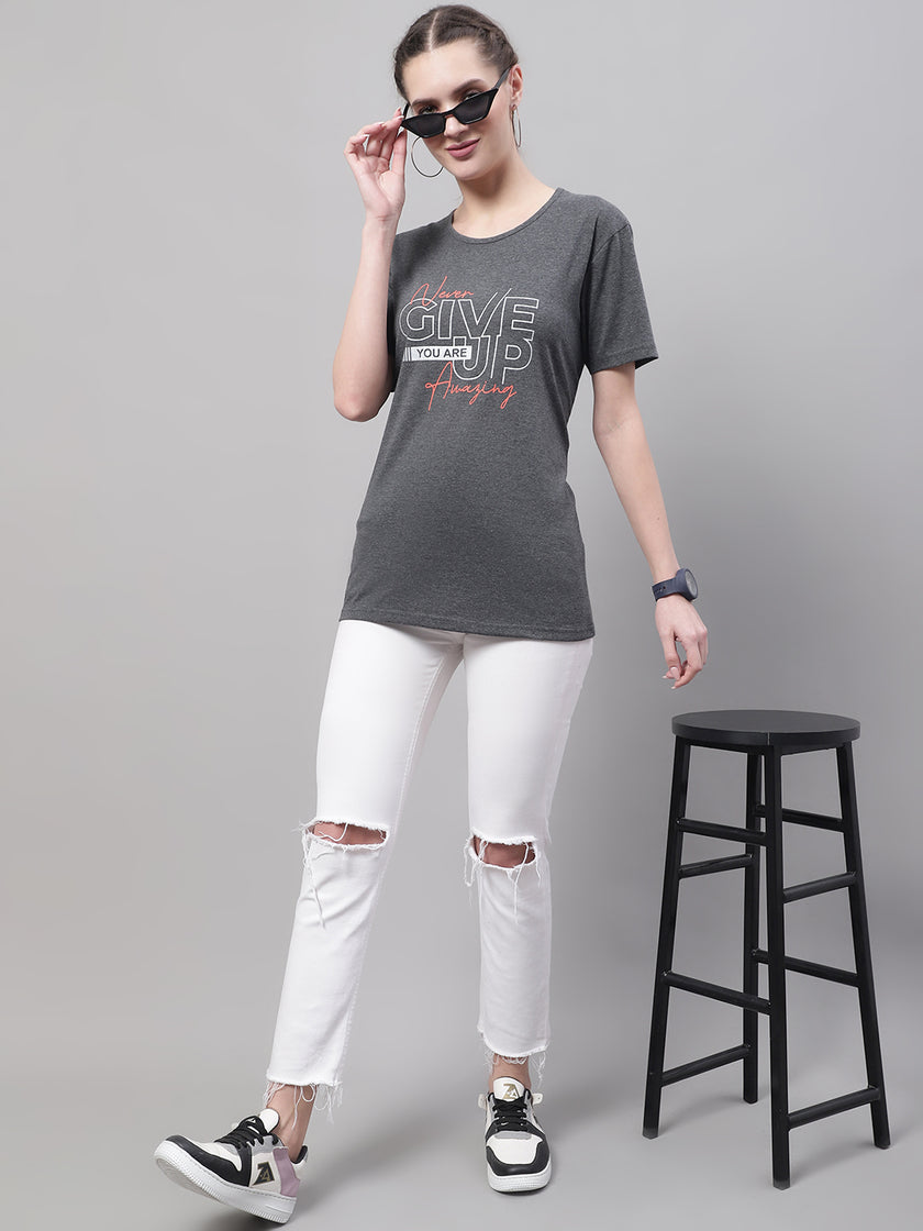 Vimal Jonney Round Neck Cotton Printed Grey T-Shirt for Women