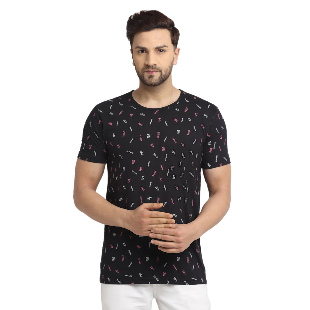 VIMAL JONNEY Men's Black Printed Round Neck Tshirt