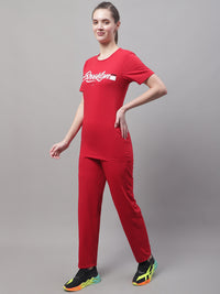 Vimal Jonney Red Cotton Printed Co-ord Set Tracksuit For Women