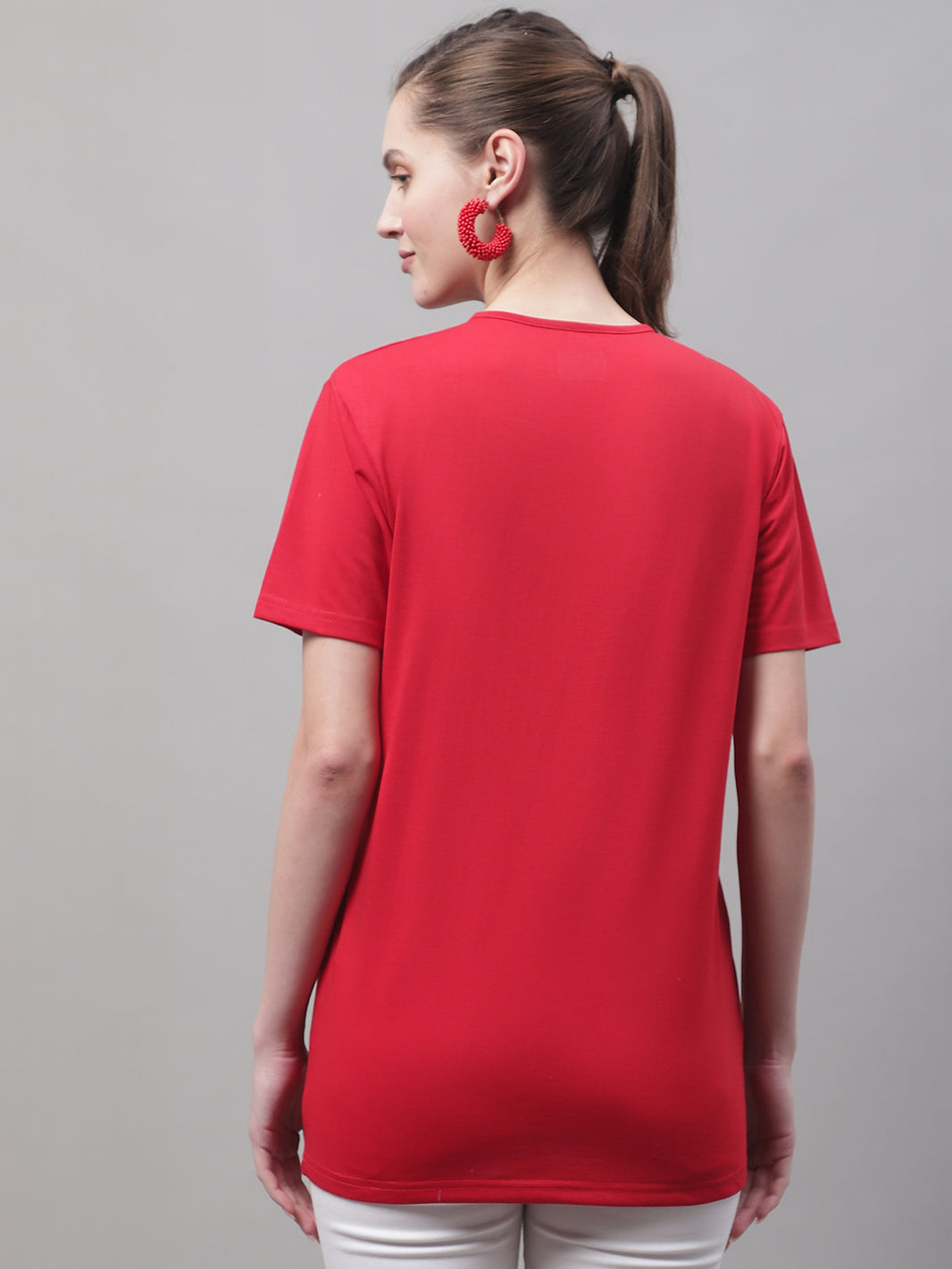 Vimal Jonney Round Neck Cotton Solid Red T-Shirt for Women
