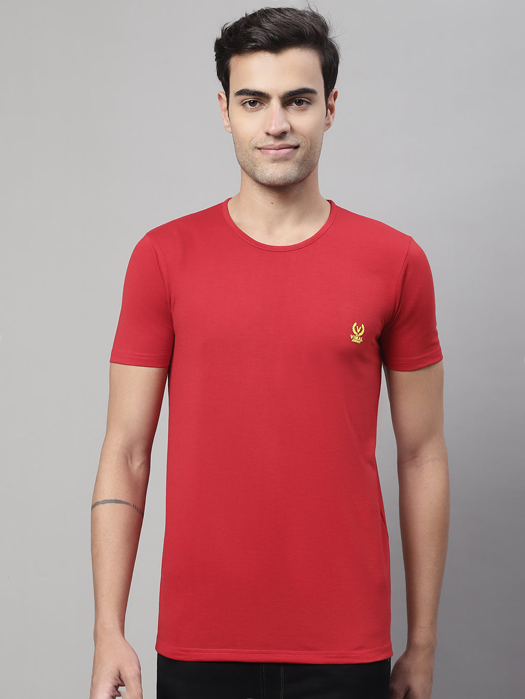Vimal Jonney Round Neck Cotton Solid Red T-Shirt for Men