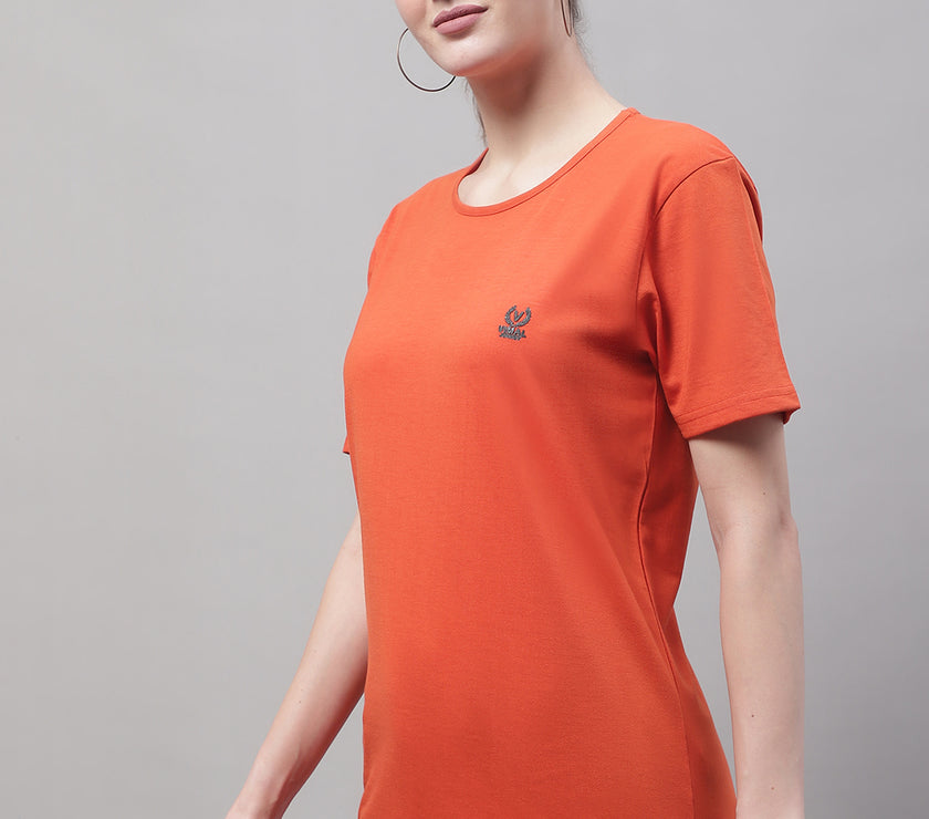 Vimal Jonney Round Neck Cotton Solid Rust T-Shirt for Women