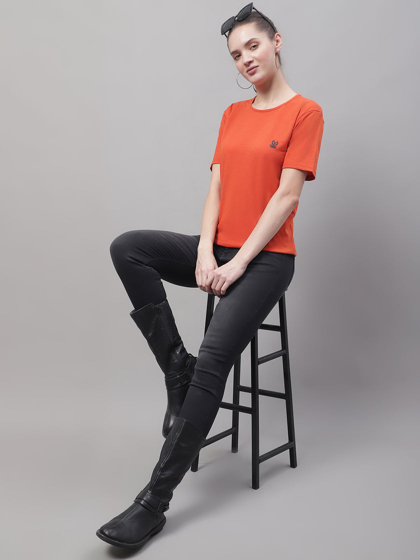Vimal Jonney Round Neck Cotton Solid Rust T-Shirt for Women