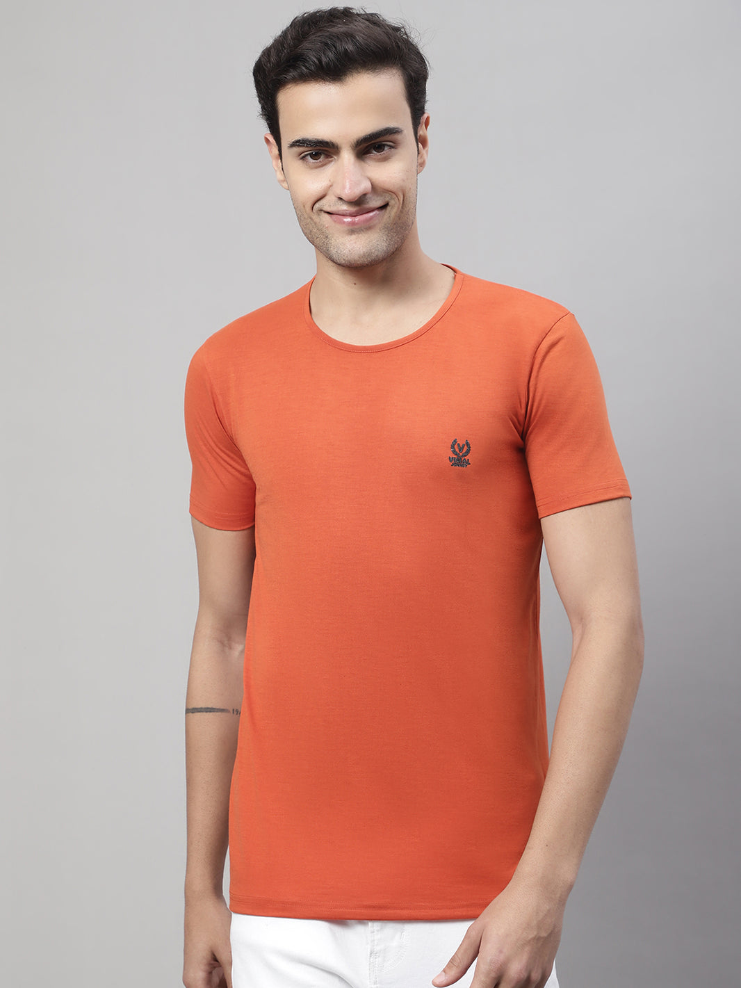 Vimal Jonney Round Neck Cotton Solid Rust T-Shirt for Men
