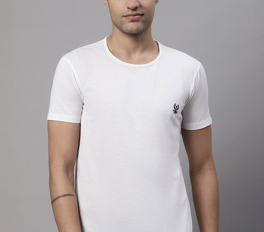 Vimal Jonney Round Neck Cotton Solid White T-Shirt for Men