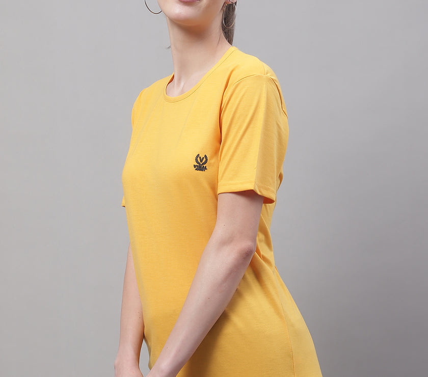 Vimal Jonney Round Neck Cotton Solid Yellow T-Shirt for Women
