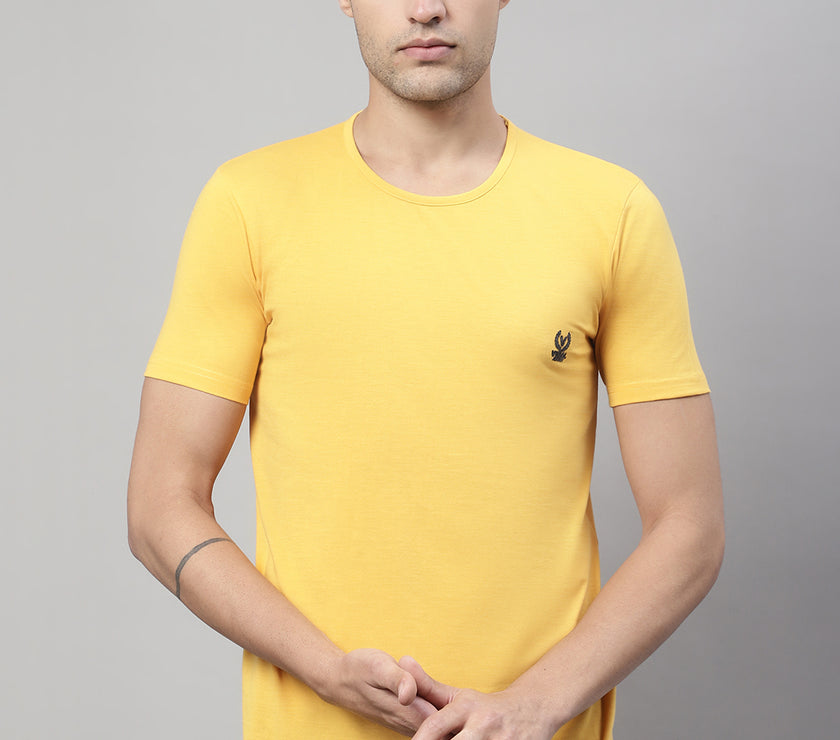 Vimal Jonney Round Neck Cotton Solid Yellow T-Shirt for Men