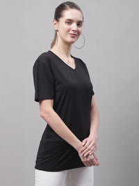 Vimal Jonney V Neck Cotton Solid Black T-Shirt for Women