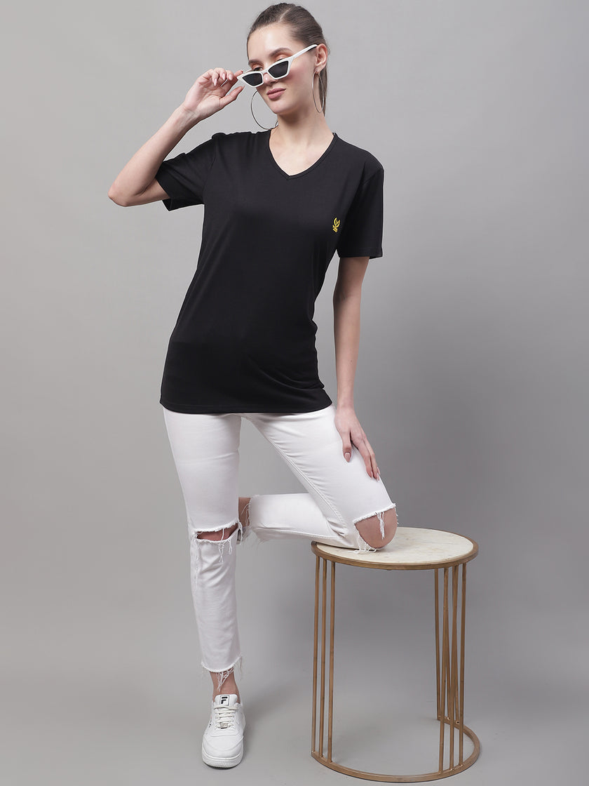 Vimal Jonney V Neck Cotton Solid Black T-Shirt for Women