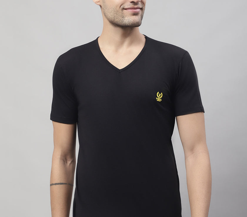 Vimal Jonney V Neck Cotton Solid Black T-Shirt for Men