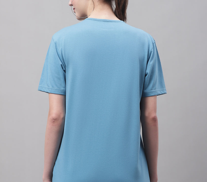 Vimal Jonney V Neck Cotton Solid Blue T-Shirt for Women