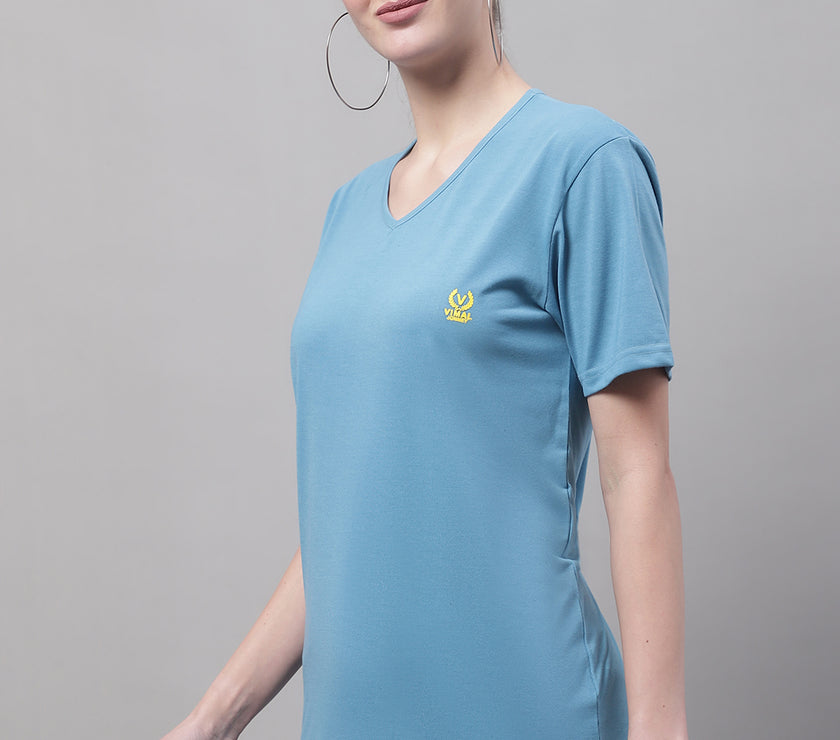 Vimal Jonney V Neck Cotton Solid Blue T-Shirt for Women
