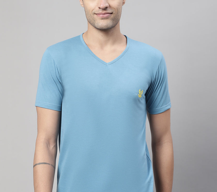 Vimal Jonney V Neck Cotton Solid Blue T-Shirt for Men