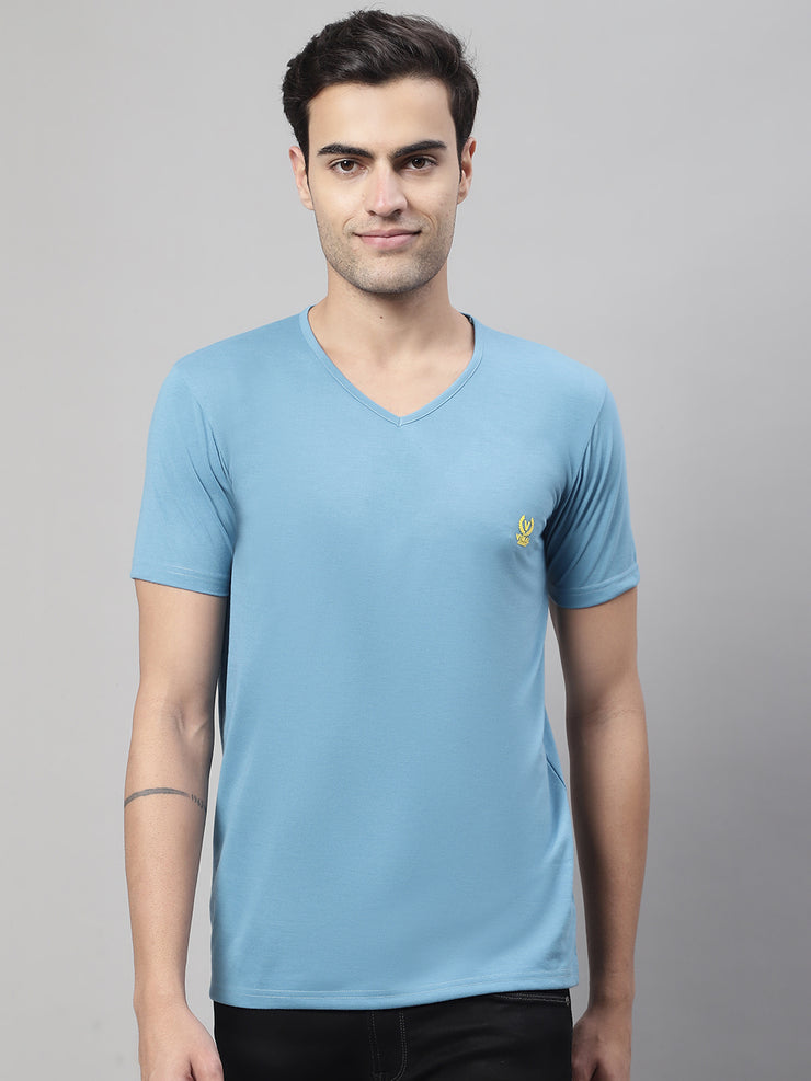 Vimal Jonney V Neck Cotton Solid Blue T-Shirt for Men