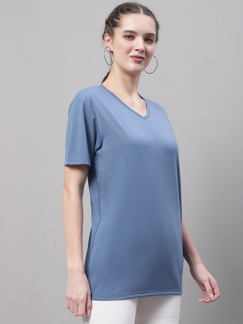 Vimal Jonney V Neck Cotton Solid Dark Grey T-Shirt for Women