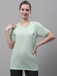 Vimal Jonney V Neck Cotton Solid Light Green T-Shirt for Women